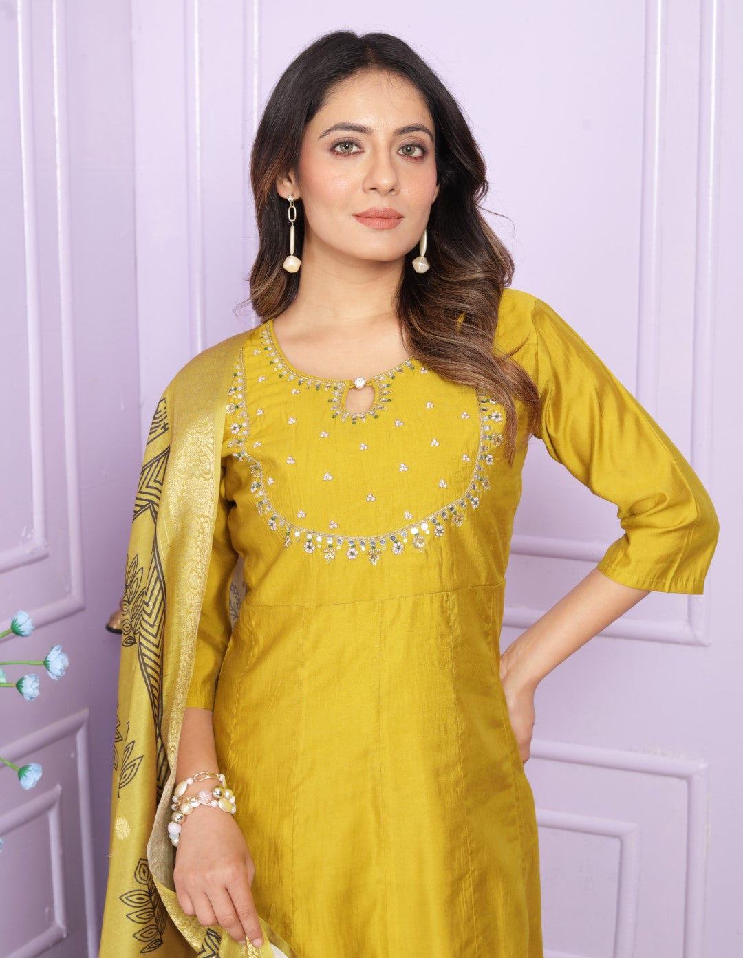 Shop Yellow Kurta With Side Cut Pants Online - Vaanya Kurtis