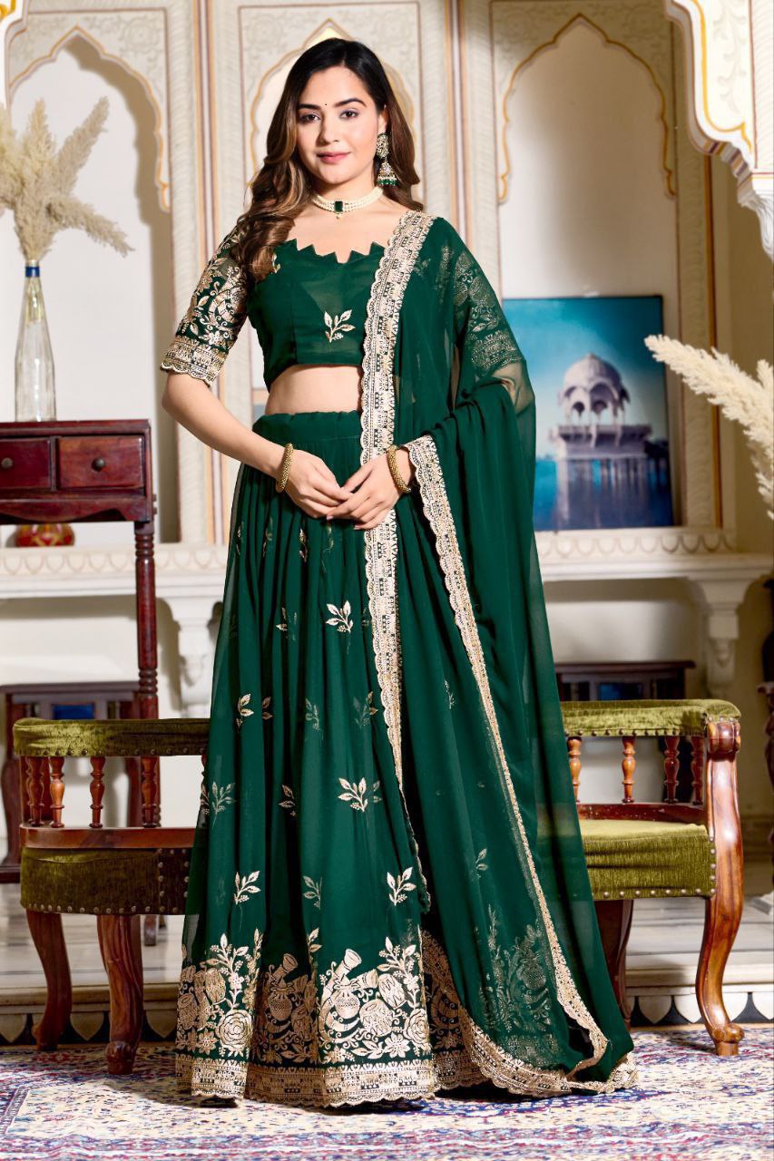 Shop Green Georgette Lehenga Choli Set With Tassels Online