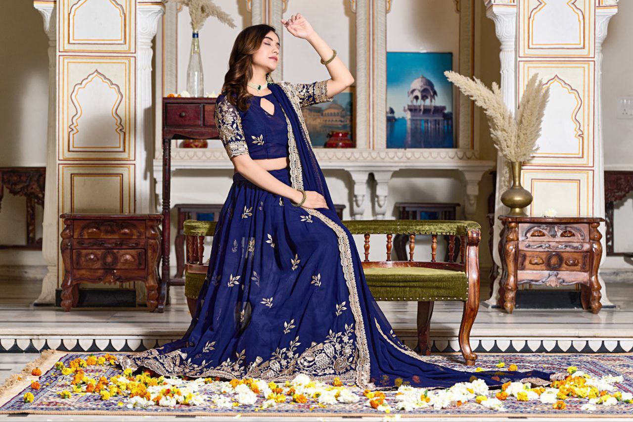 Blue Georgette Lehenga Choli Set Online | Embroidery Work