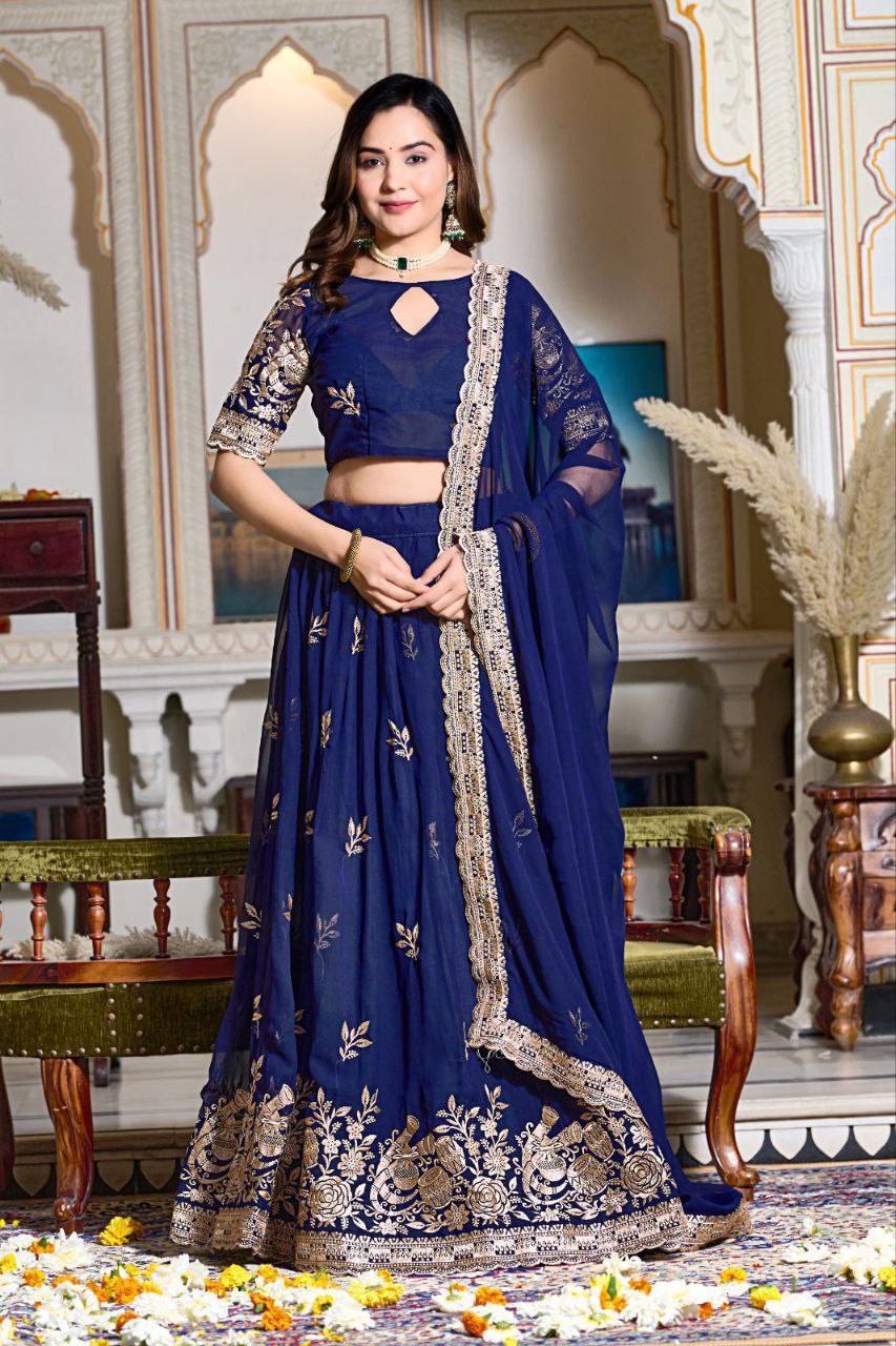 Blue Georgette Lehenga Choli Set Online | Embroidery Work