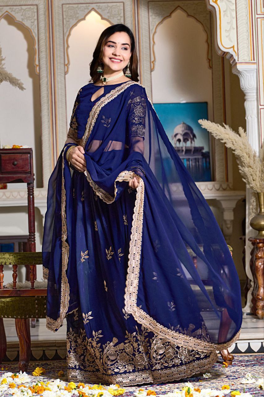 Blue Georgette Lehenga Choli Set Online | Embroidery Work