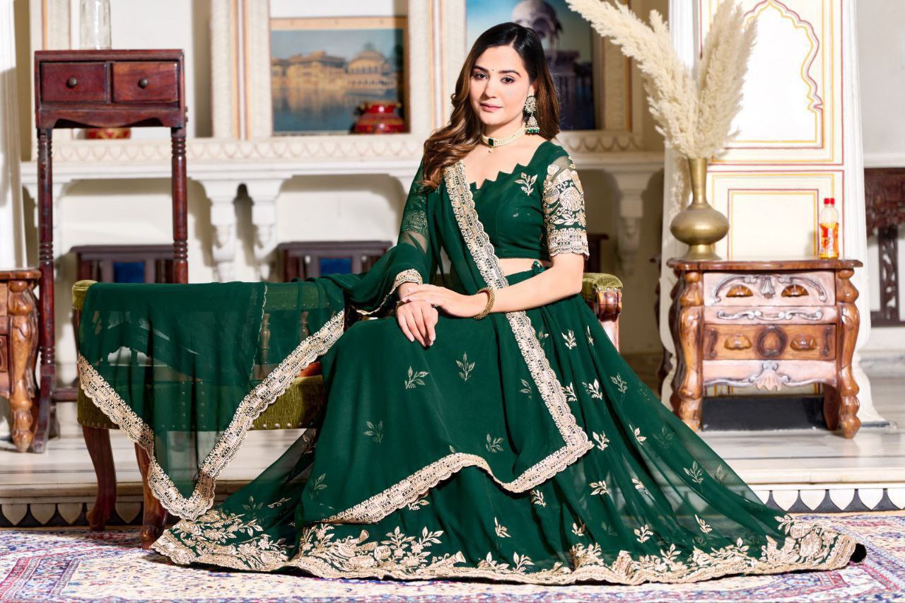 Shop Green Georgette Lehenga Choli Set With Tassels Online