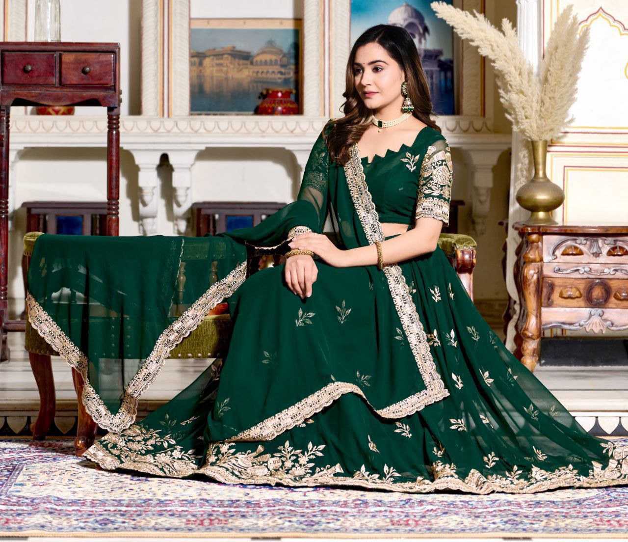 Shop Green Georgette Lehenga Choli Set With Tassels Online