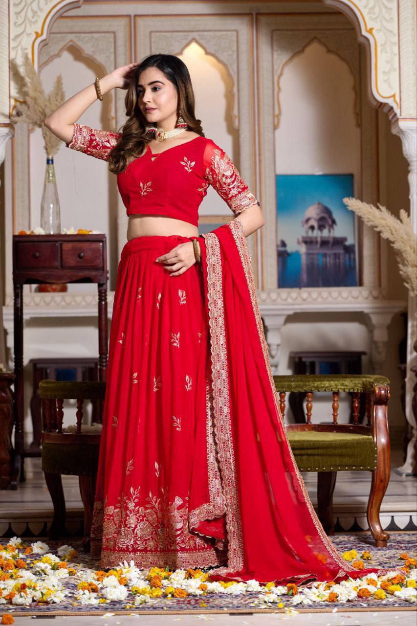 Buy Royal Red Georgette Lehenga Choli Set Online in India