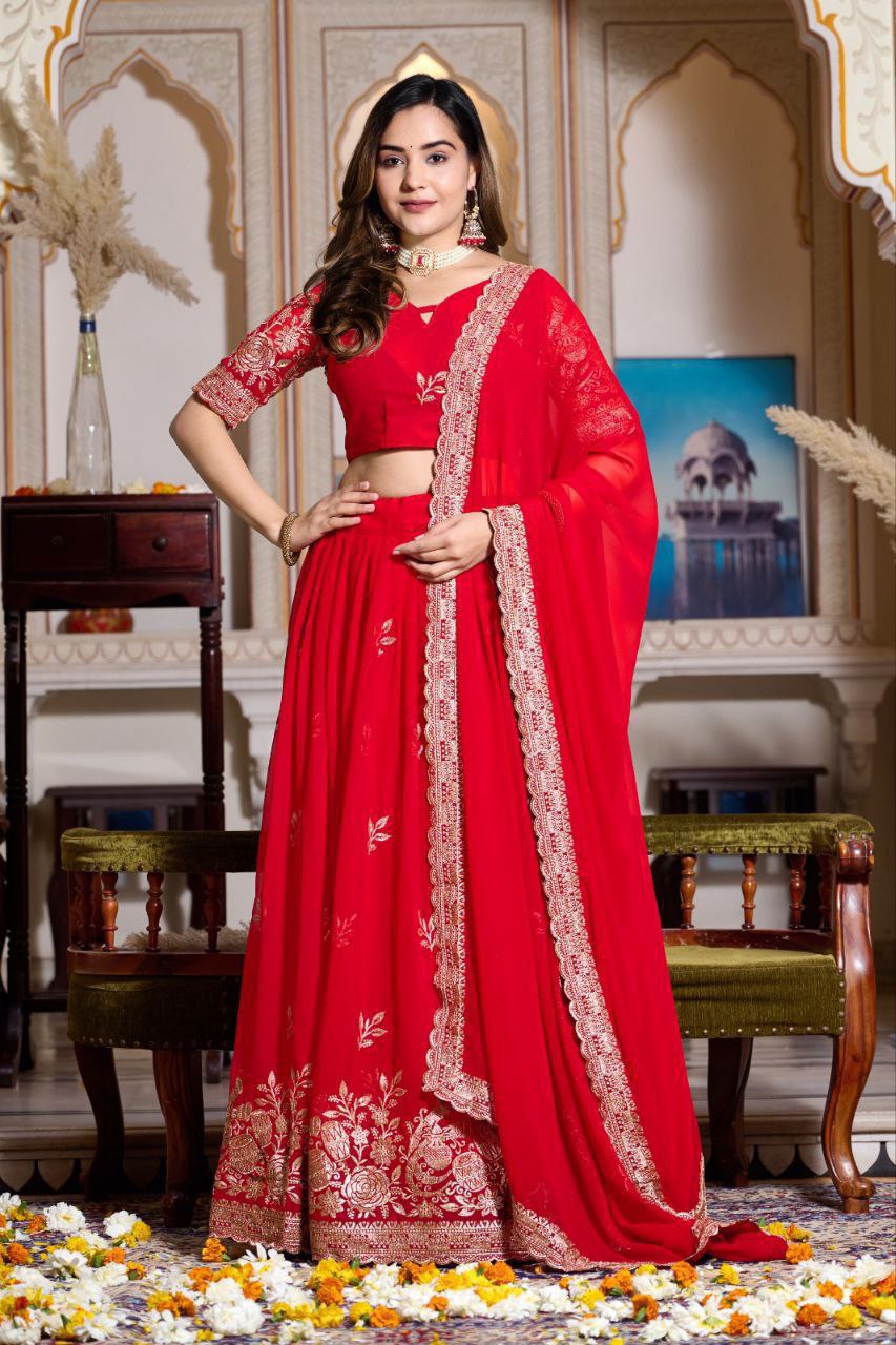 Buy Royal Red Georgette Lehenga Choli Set Online in India