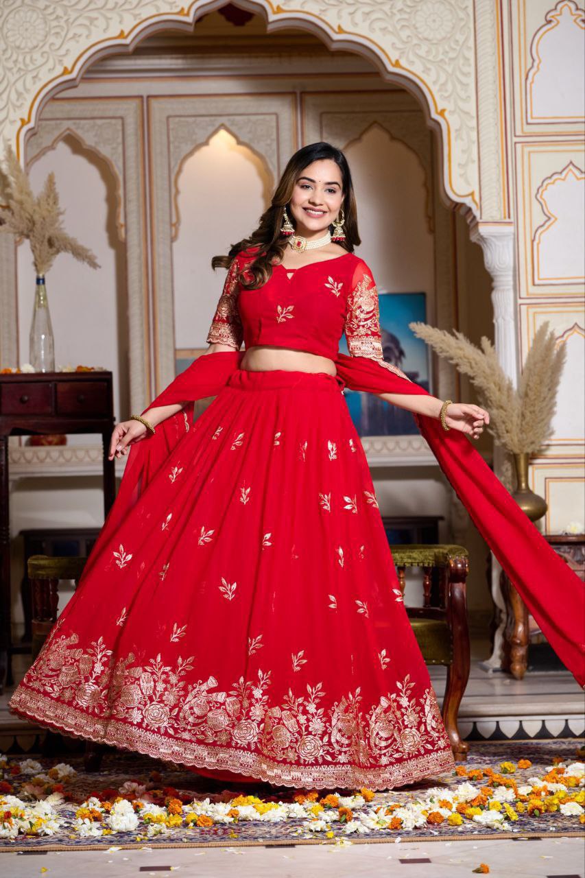 Buy Royal Red Georgette Lehenga Choli Set Online in India