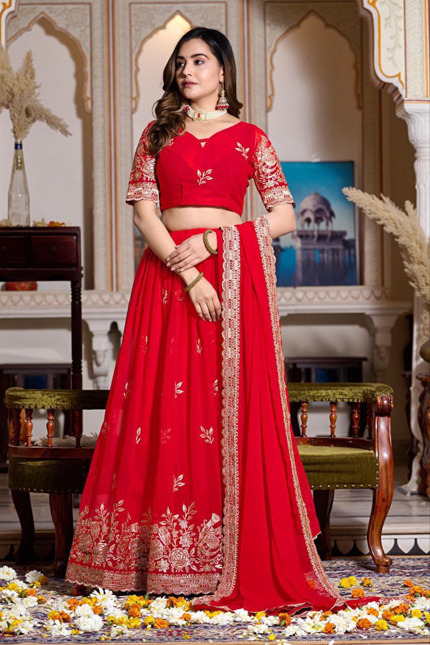 Buy Royal Red Georgette Lehenga Choli Set Online in India