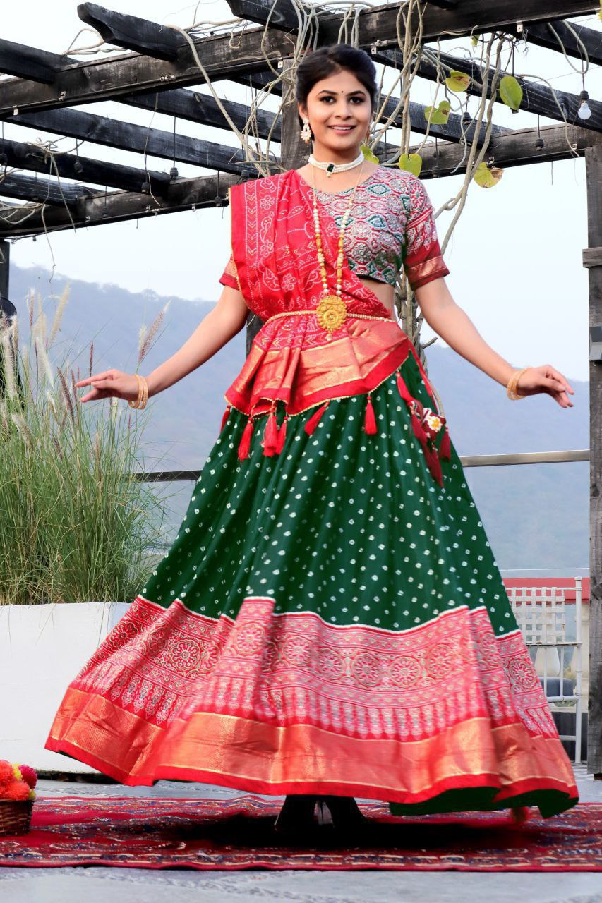 Shop Stylish Green Bandhani Patola Lehenga Choli Online 