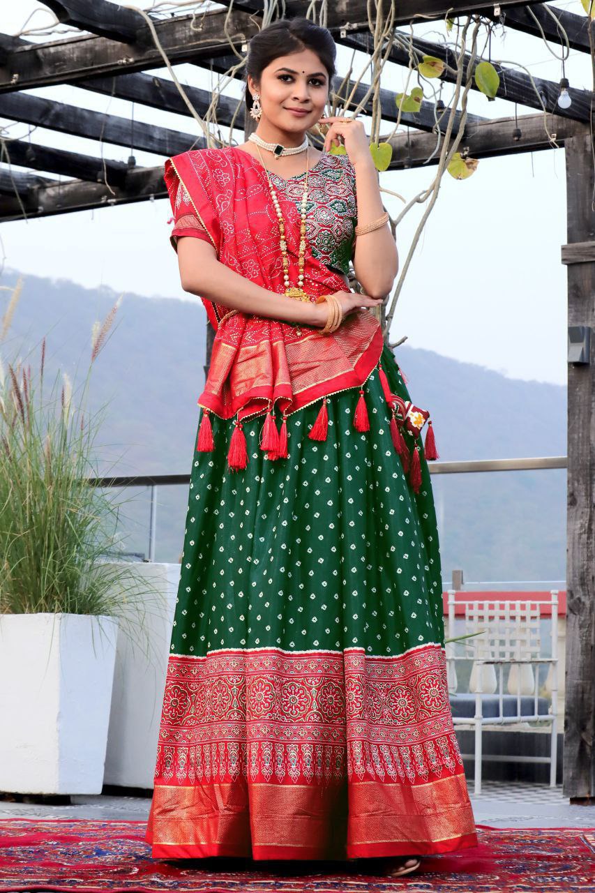 Shop Stylish Green Bandhani Patola Lehenga Choli Online 