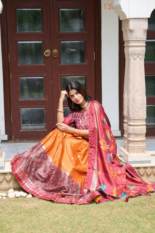 Buy Elegant Orange Dola Silk Meenakari Lehenga Online 