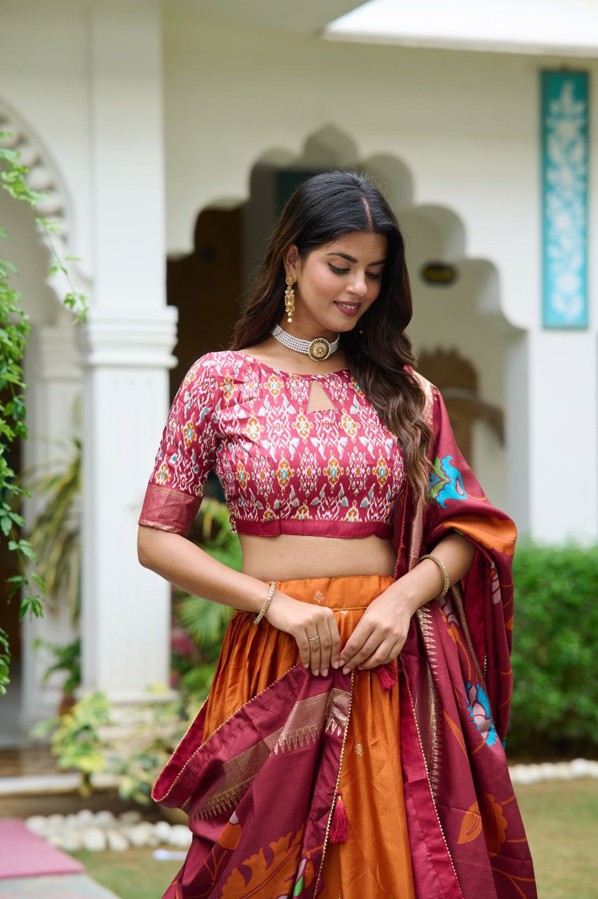 Buy Elegant Orange Dola Silk Meenakari Lehenga Online 