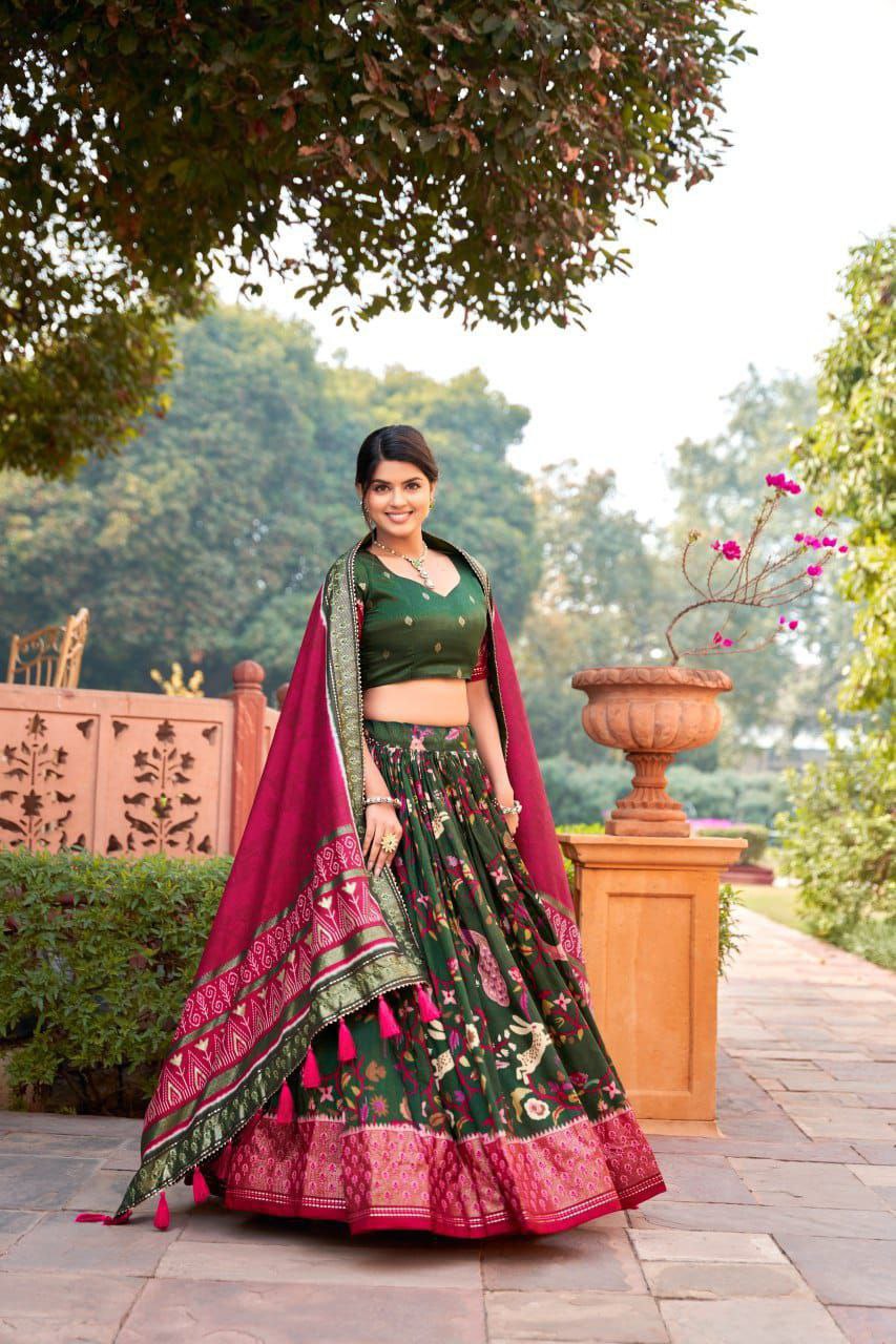 Shop Green Silk Meenakari Lehenga Online with Dupatta