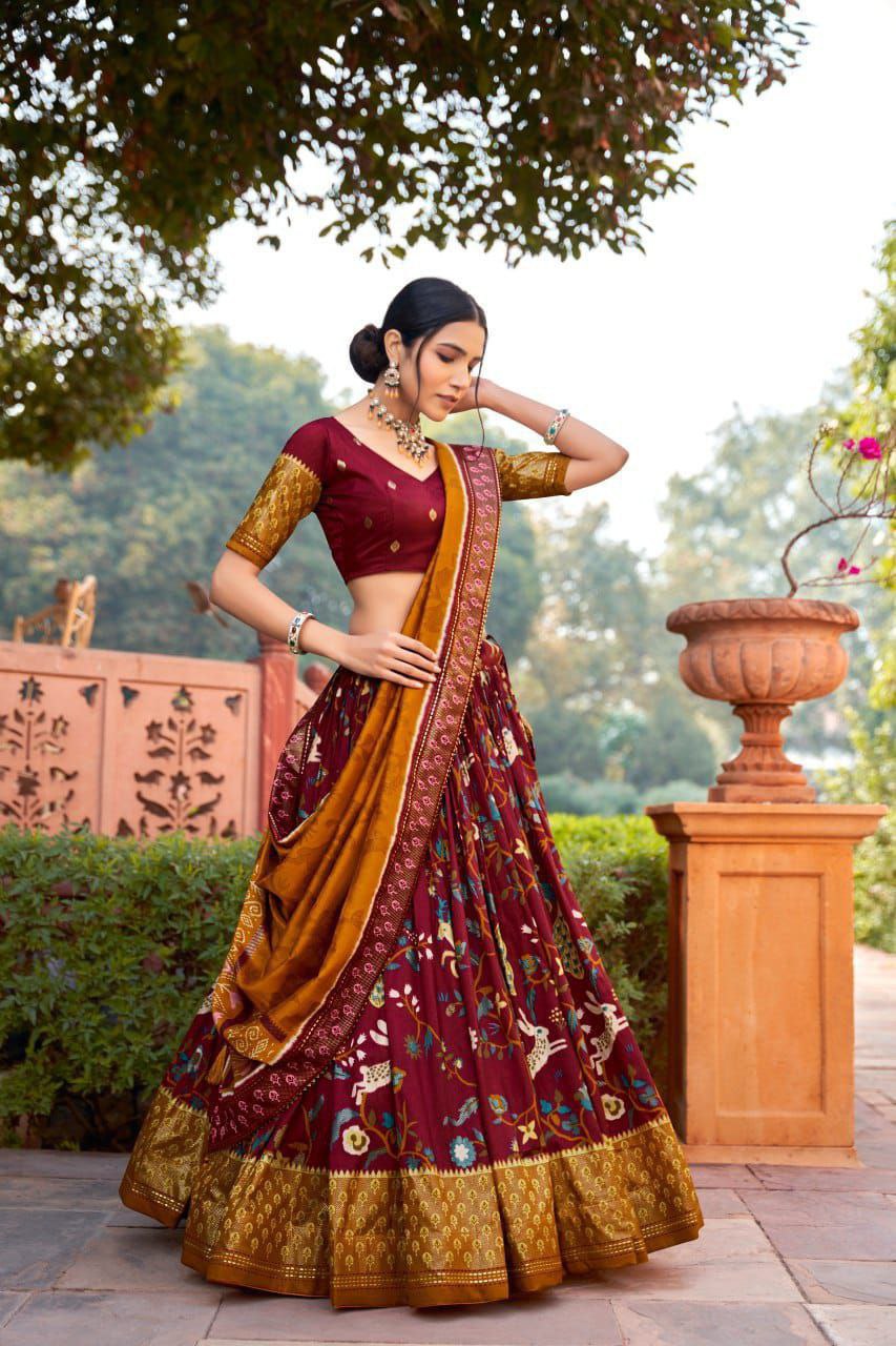 Buy Wine Silk Meenakari Lehenga Online with Yellow Dupatta