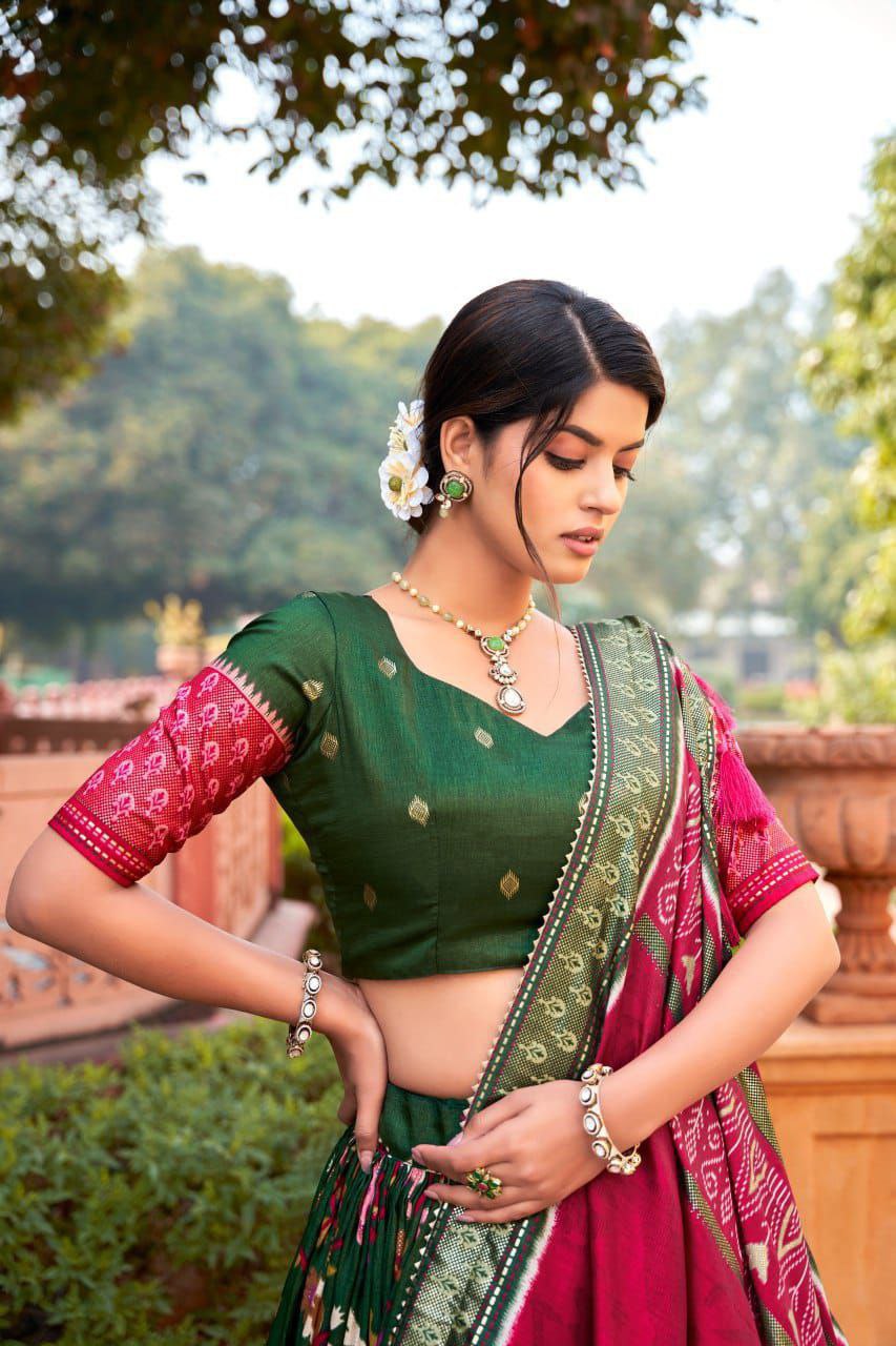 Shop Green Silk Meenakari Lehenga Online with Dupatta