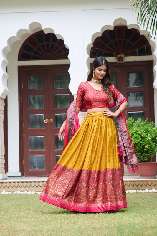 Buy Kashmiri Print Lehenga Set in Yellow Tussar Silk Online