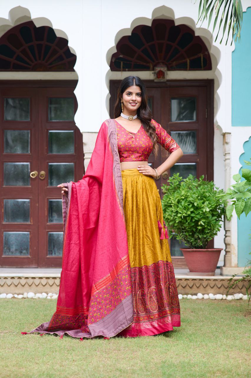 Buy Kashmiri Print Lehenga Set in Yellow Tussar Silk Online