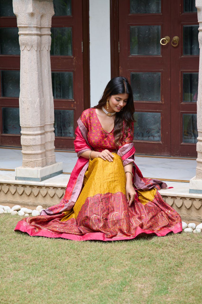 Buy Kashmiri Print Lehenga Set in Yellow Tussar Silk Online