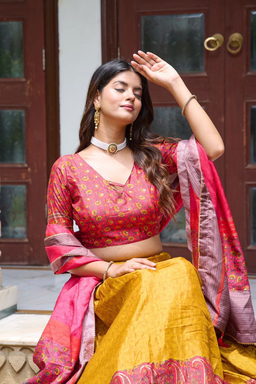 Buy Kashmiri Print Lehenga Set in Yellow Tussar Silk Online