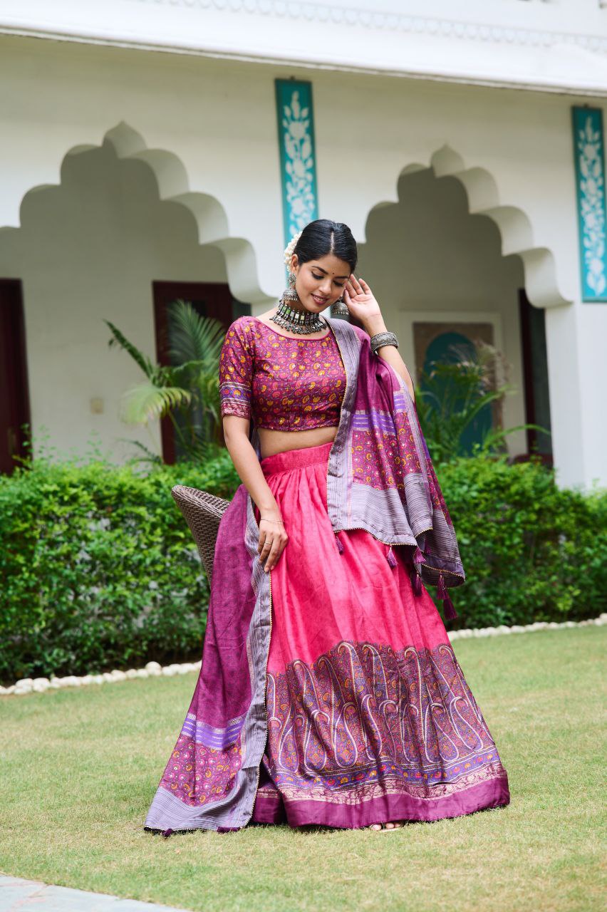 Buy Kashmiri Print Lehenga Set in Pink-Purple Silk Online