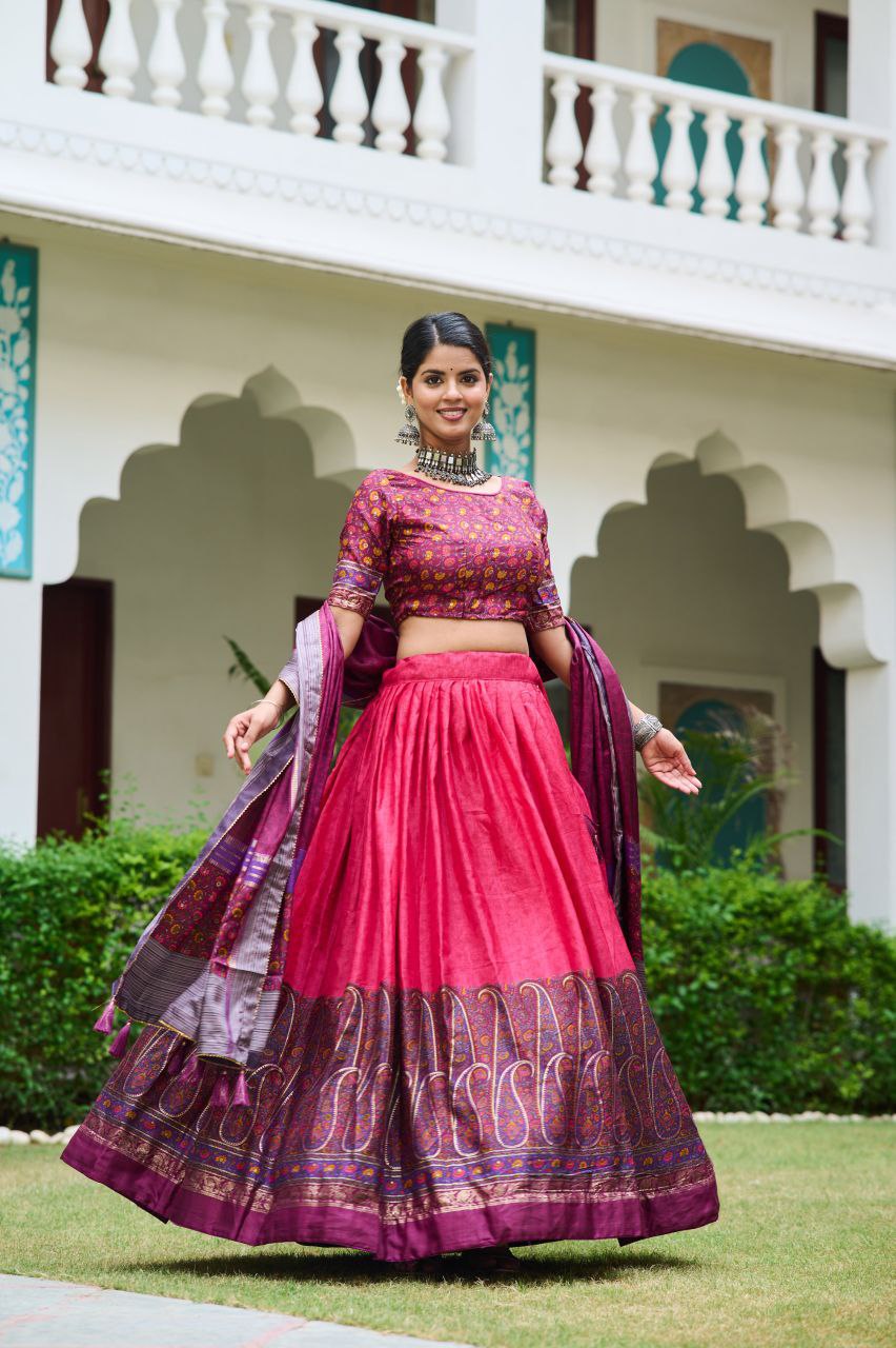 Buy Kashmiri Print Lehenga Set in Pink-Purple Silk Online