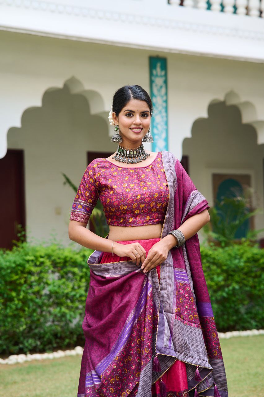 Buy Kashmiri Print Lehenga Set in Pink-Purple Silk Online