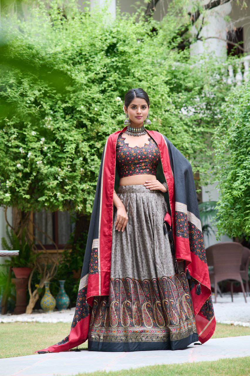 Buy Kashmiri Print Lehenga Set in Grey-Black Tussar Silk Online