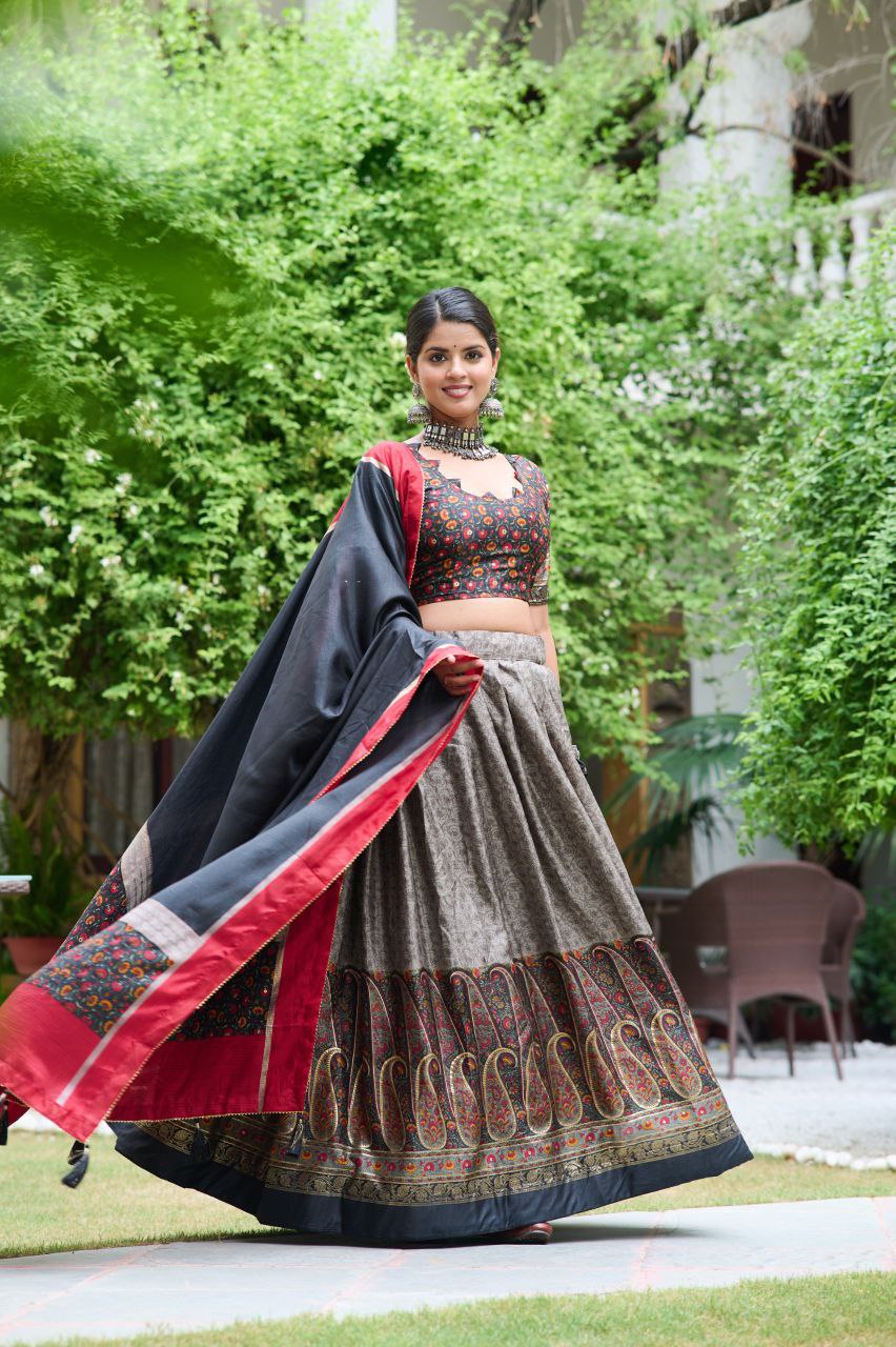 Buy Kashmiri Print Lehenga Set in Grey-Black Tussar Silk Online