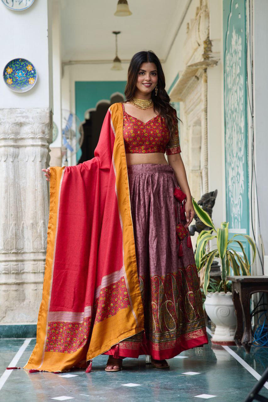 Buy Stunning Kashmiri Print Lehenga Set in Multicolor Online