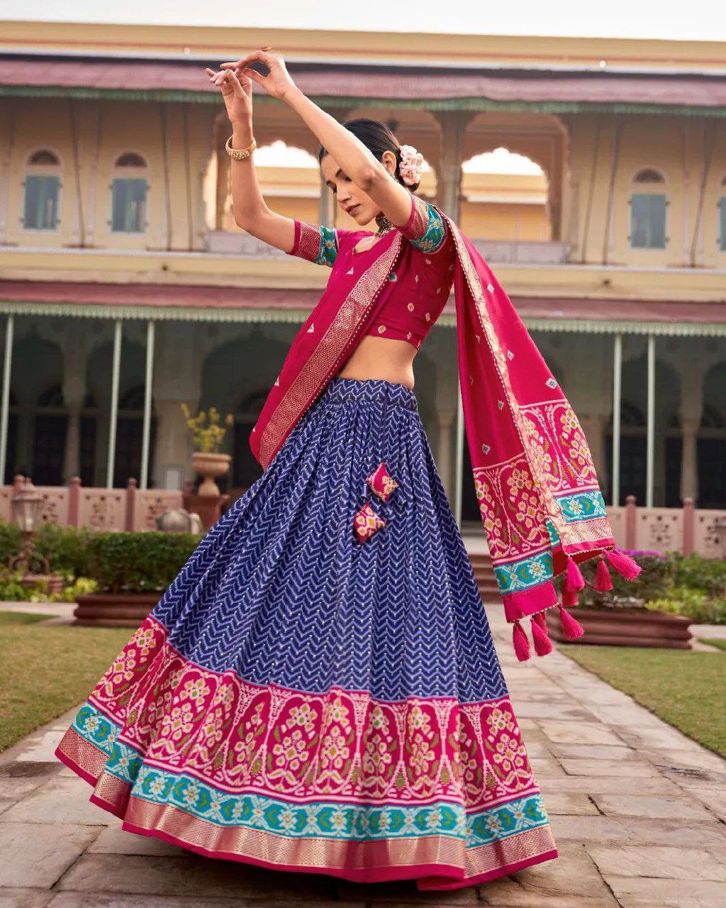 Shop Navy Blue Ikat Patola Lehenga Set Online | Vaanya Kurtis