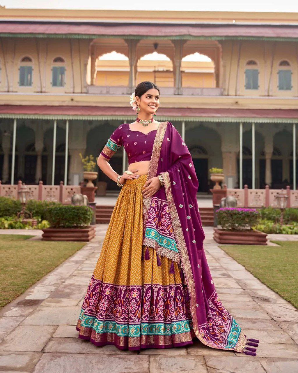 Shop Ikat Patola Lehenga Set in Silk Material Online