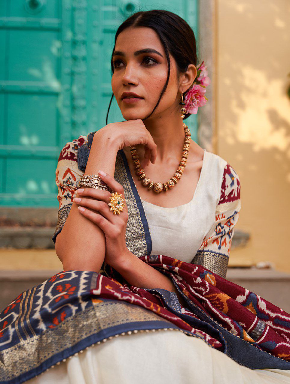 Stylish White Ikat Patola Lehenga Set with Maroon Dupatta