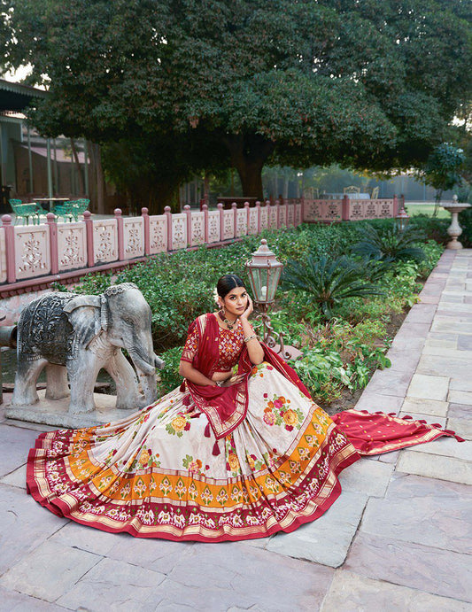 Shop White Ikat Patola Lehenga Set Online | Vaanya Kurtis