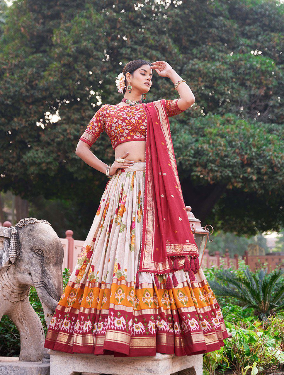 Shop White Ikat Patola Lehenga Set Online | Vaanya Kurtis