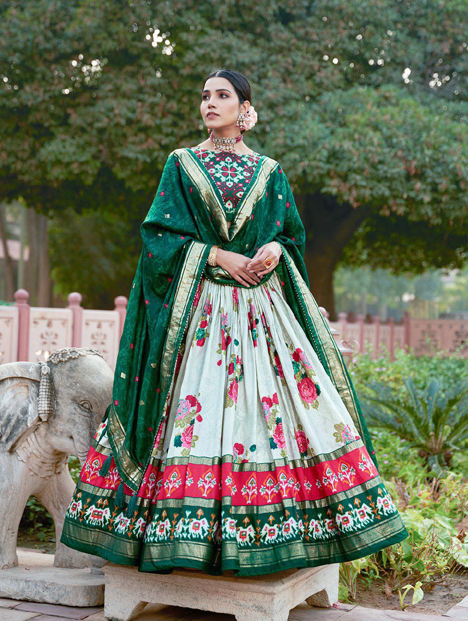 Buy Elegant Green Ikat Patola Lehenga Set with Foil Work