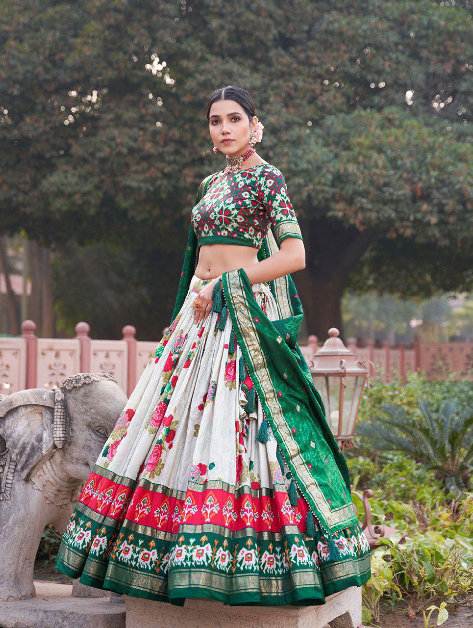 Buy Elegant Green Ikat Patola Lehenga Set with Foil Work