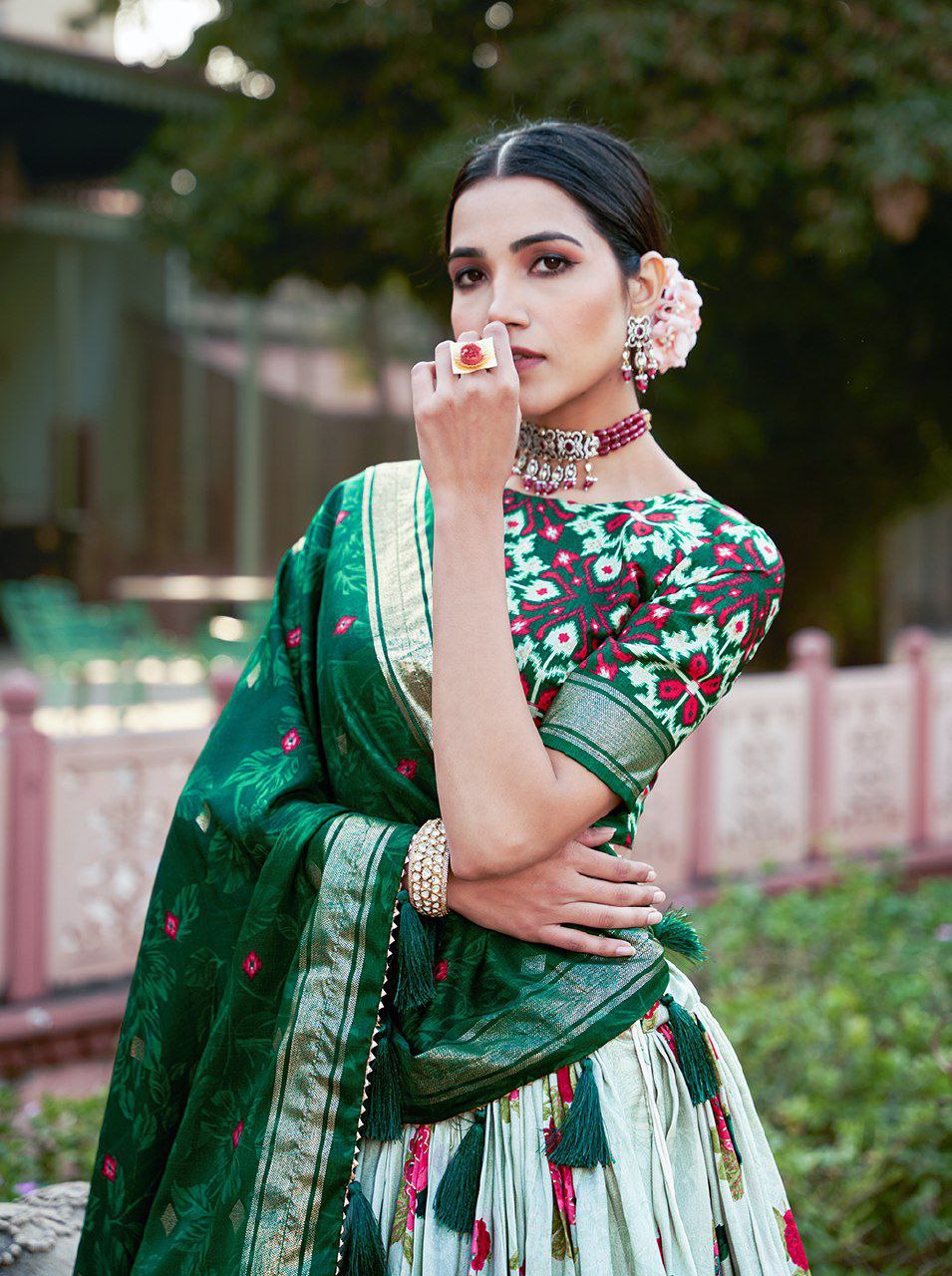 Buy Elegant Green Ikat Patola Lehenga Set with Foil Work