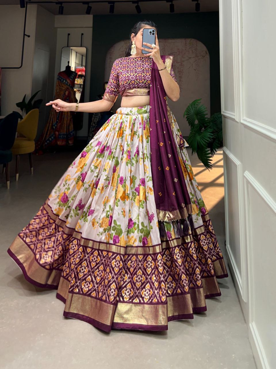 Buy Stunning Beige Floral Silk Patola Lehenga Set Online