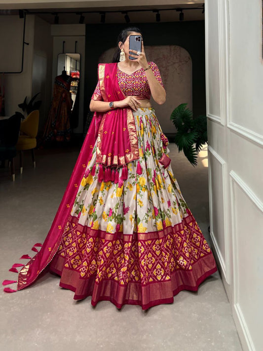 Elegant Silk Beige Floral Patola Lehenga Set | Shop Online