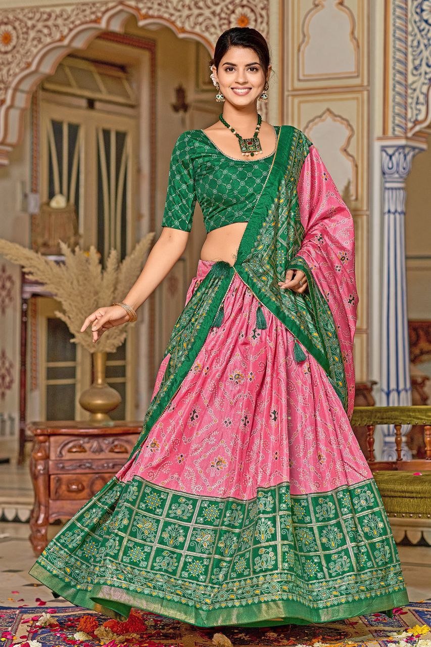 Buy Stunning Pink Tussar Silk Meenakari Lehenga Online