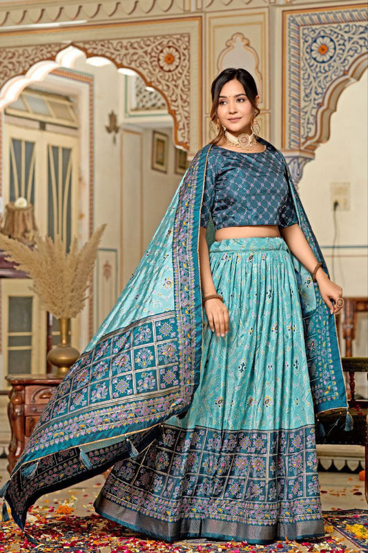 Buy Blue Tussar Silk Meenakari Lehenga Online | Vaanya Kurtis