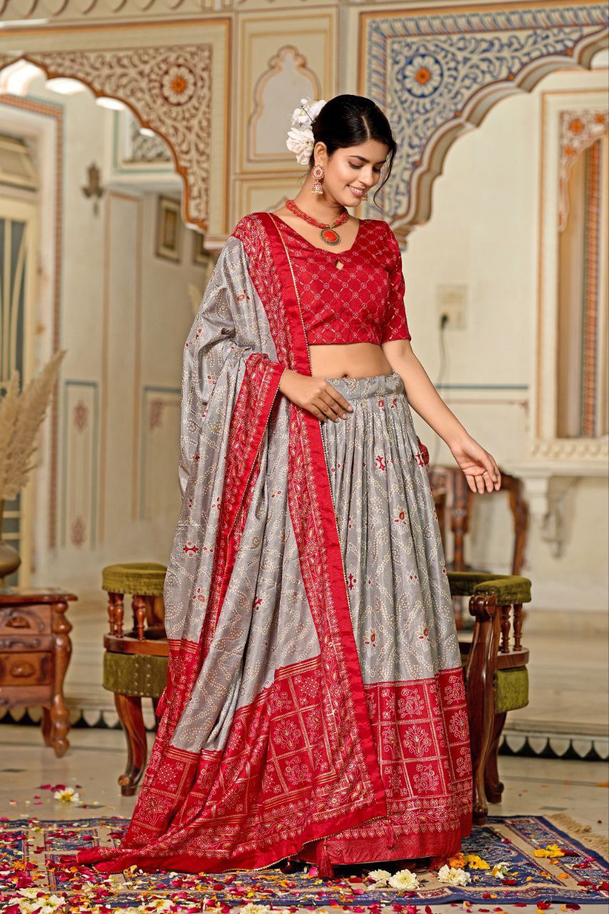 Buy Grey Tussar Silk Meenakari Lehenga Online | Vaanya Kurtis