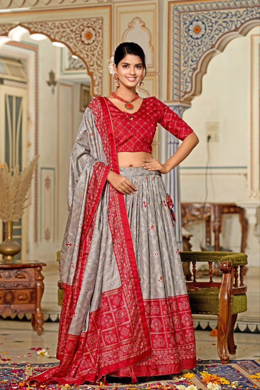 Buy Grey Tussar Silk Meenakari Lehenga Online | Vaanya Kurtis