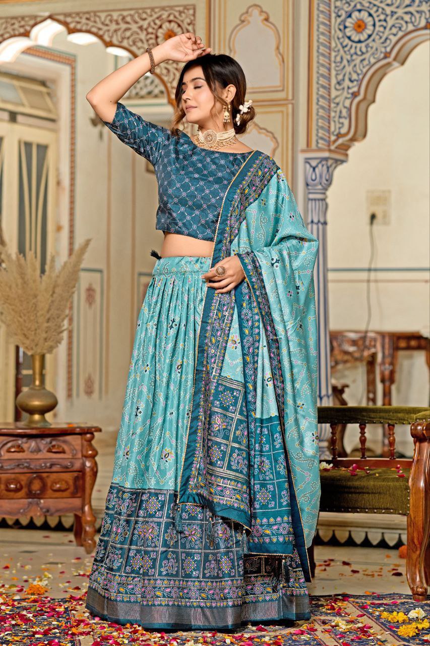 Buy Blue Tussar Silk Meenakari Lehenga Online | Vaanya Kurtis