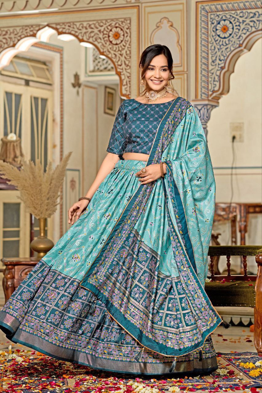 Buy Blue Tussar Silk Meenakari Lehenga Online | Vaanya Kurtis