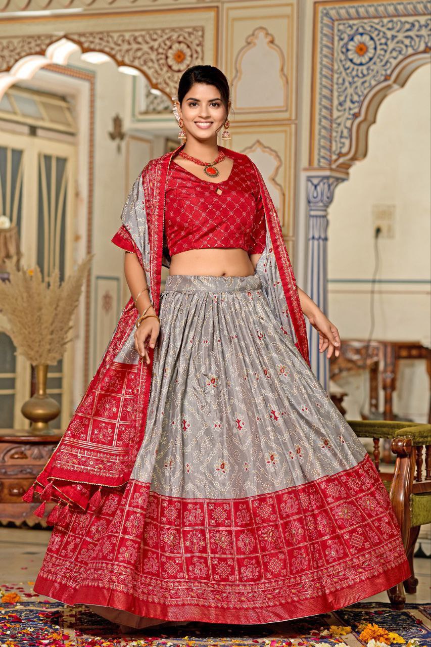 Buy Grey Tussar Silk Meenakari Lehenga Online | Vaanya Kurtis