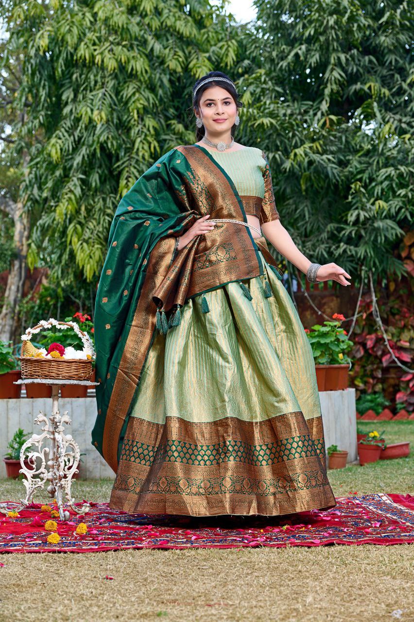 Trendy Green Jacquard Silk Kashmiri Print Lehenga Set Online