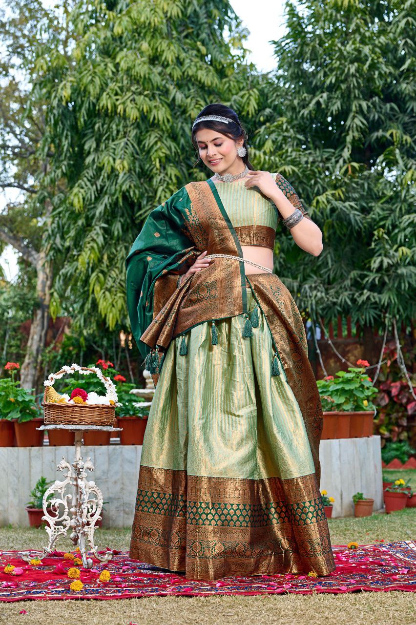 Trendy Green Jacquard Silk Kashmiri Print Lehenga Set Online