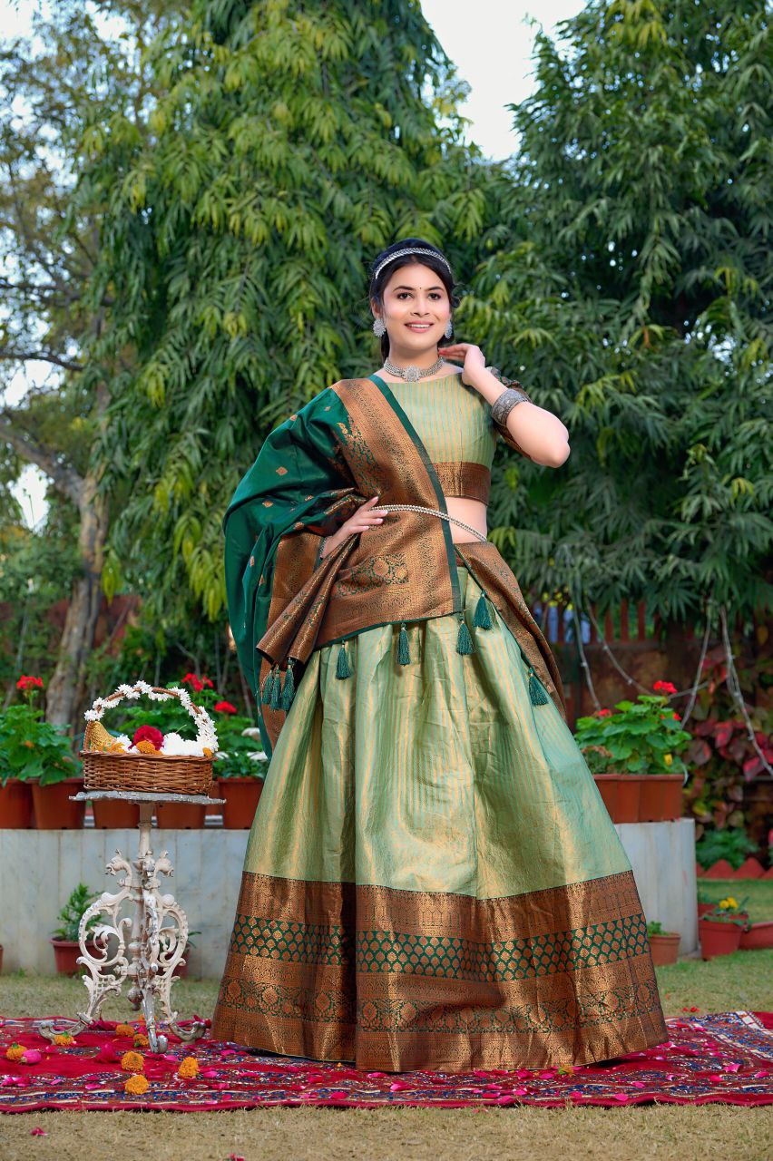 Trendy Green Jacquard Silk Kashmiri Print Lehenga Set Online