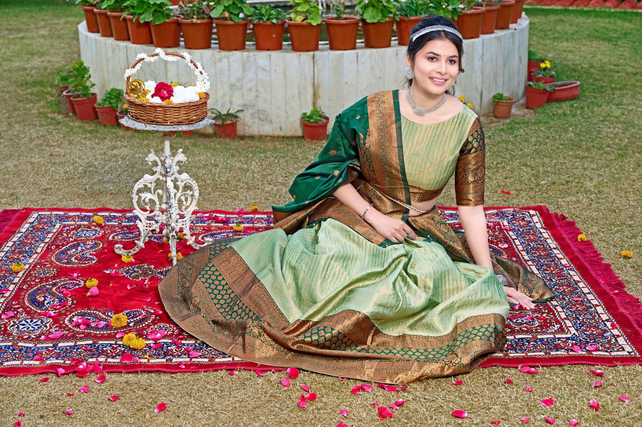 Trendy Green Jacquard Silk Kashmiri Print Lehenga Set Online