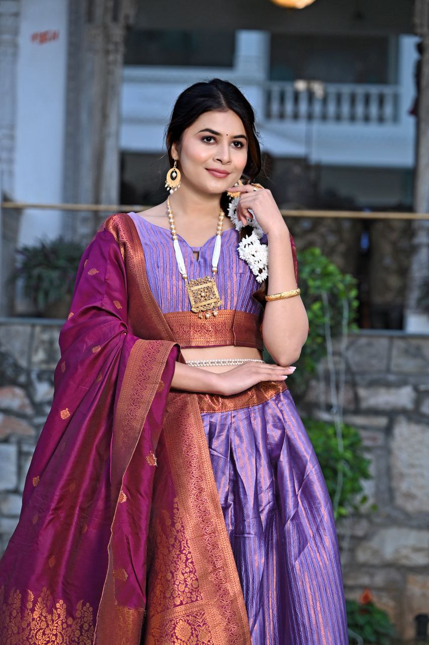 Shop Gorgeous Purple Silk Kashmiri Print Lehenga Set Online